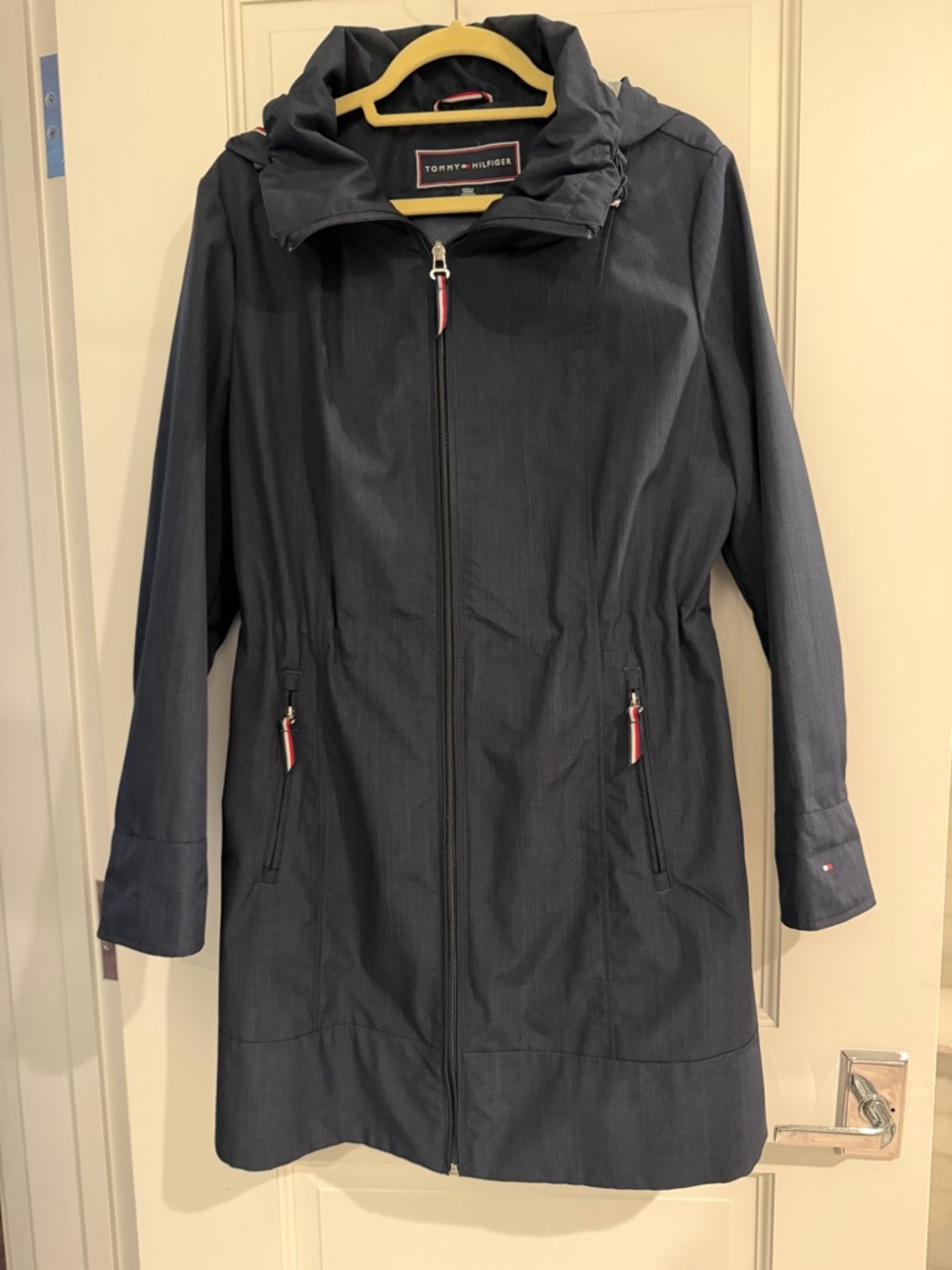 Tommy Hilfiger Navy Hooded Trench Coat with Signature Trim
